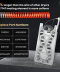 Dryer Heating Element Replacement Kit For Whirlpool Cabrio Maytag Kenmore Elite HE2 HE3 Dryers And Compatible GE Models GEW9250PW0 GEQ9800PW1 PW2 W11344457 Easy Install No Fuss Fit For Quick Reliable Drying heating element on display with part numbers and heating coil.