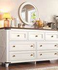 White dresser with Dope Walnut Wood And Antique Brass Cabinet Knobs Set 5 Pack 1.2 Inch Diameter 1.3 Inch Height 0.7 Inch Bottom