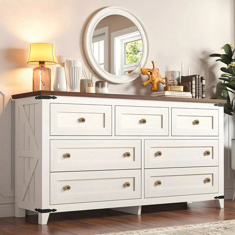 White dresser with Dope Walnut Wood And Antique Brass Cabinet Knobs Set 5 Pack 1.2 Inch Diameter 1.3 Inch Height 0.7 Inch Bottom