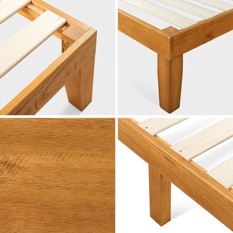 Top Tier Queen Platform Bed Frame With Tufted Fabric Headboard Solid Wood Slats Heavy Steel Base No Box Spring Needed close-up of slats and legs