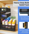 No Sweat Slick 3 Tier Under Sink Organizer Height Adjustable Metal Pull Out Cabinet Shelf With Smooth Glide Design For Zero Hassle Kitchen Pantry Bathroom And Laundry Storage 2 Pack Black in use with cleaning supplies.