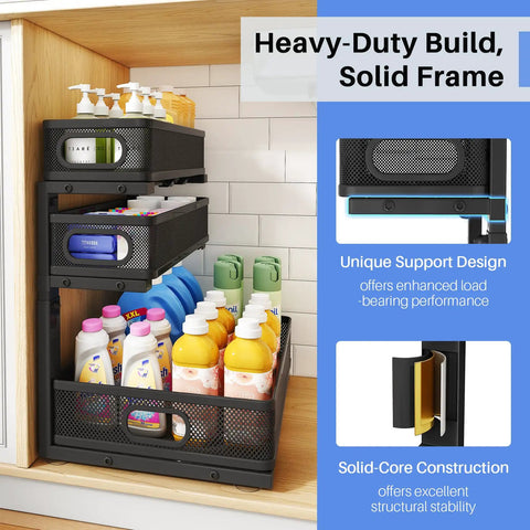No Sweat Slick 3 Tier Under Sink Organizer Height Adjustable Metal Pull Out Cabinet Shelf With Smooth Glide Design For Zero Hassle Kitchen Pantry Bathroom And Laundry Storage 2 Pack Black in use with cleaning supplies.