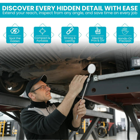 Mechanic using Two Pack Telescoping Inspection Mirrors Extendable From 5 To 21 Inches With 1.2 Inch Swivel Mirror Pocket Sized Auto Mechanic Tool for under-car inspection.