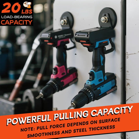 Upgraded Large Magnetic Hooks With 20lb Capacity Heavy Duty Magnetic Hangers holding power drills on a metal surface