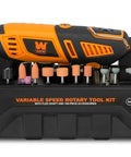 WEN 23190 variable-speed rotary tool kit with flex shaft and 190-piece accessories in black carrying case; orange tool on top.