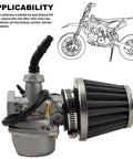 PZ19 19mm Carburetor Kit with air filter for 50cc-125cc ATVs, dirt bikes, and go-karts; includes zinc alloy carburetor and diagram.