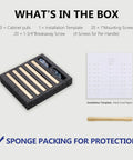 Box contents of 10 Pack Brushed Gold Cabinet Handles with 6 Inch Length, installation template, and screws.
