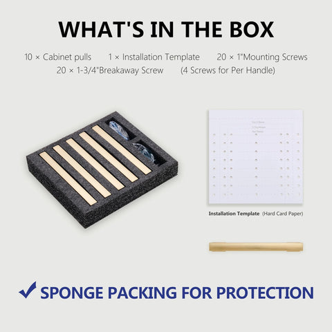 Box contents of 10 Pack Brushed Gold Cabinet Handles with 6 Inch Length, installation template, and screws.