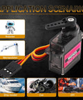 Two Pack MG90S Micro Servo Motors With Metal Gears 9G High Torque 360 Degree Control shown with use scenarios in robotics and RC models