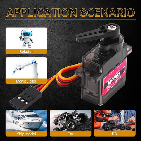 Two Pack MG90S Micro Servo Motors With Metal Gears 9G High Torque 360 Degree Control shown with use scenarios in robotics and RC models