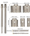 Premium 9-piece Concrete Hole Saw Drill Bit Kit With SDS Plus Arbors And Steel Mandrels For Tough Brick Stone Cement Jobs Featuring Carbide Teeth And Sizes From 30mm To 100mm For Serious Pros, size chart