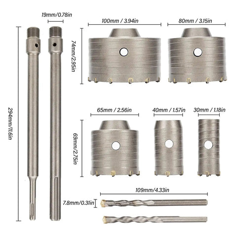 Top Tier 9 Piece Concrete Hole Saw Bit Kit Featuring Five Versatile Sizes Including 30mm And 100mm Plus Shanks And Pilot Bits For Heavy Duty Masonry And Brick Drilling Jobs That Seriously Rock. 100mm, 80mm, 65mm, 40mm, 30mm sizes with shanks