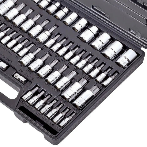 Top view of Pro Grade 62 Piece Torx Master Bit Socket Set With External Star Sockets, S2 Steel, organized in case.