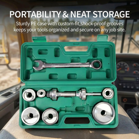 No Sweat Heavy Duty Ratchet Knockout Hole Punch Driver Kit 1 2 To 2 Inch Manual Knockout Tool with six precision dies in green PE storage case.