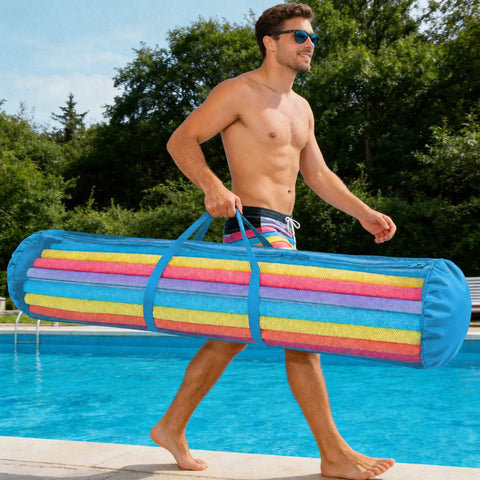 Man carrying Blue Oxford Mesh Pool Noodle Storage Bag With Zipper Grab And Go Portable Swim Toy Organizer by the pool.