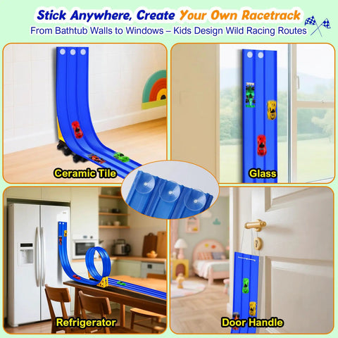 3 Lane Flexible Race Track For Kids With 15ft Bendable Ramp And Suction Cups on various surfaces