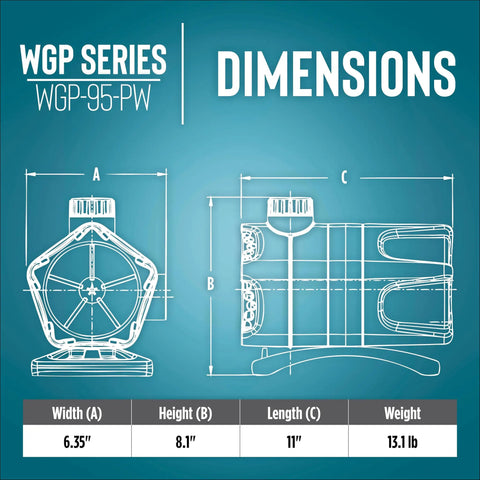 Dimensions diagram of 115V Dual Discharge Submersible Pond Pump with 6.35" width, 8.1" height, 11" length, and 13.1 lb weight.