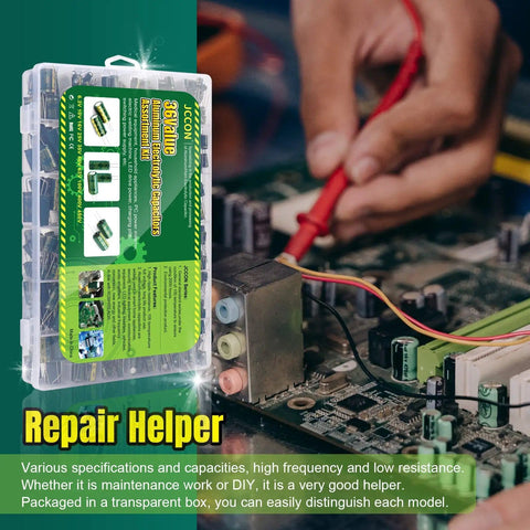 Dope 925Pcs Electrolytic Capacitors Kit With 36 Values In A Clear Plastic Case on a circuit board repair scene