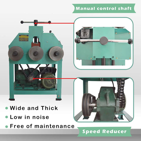 Jaryannix Heavy Duty Electric Pipe Bender For Stainless Steel Tube Roller Bending Machine W/ Nine Round And Eight Square Die Sets 1.5kw 110v Power Unit close-up of manual control shaft and motor components.
