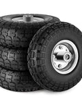 Flat Free Ten Inch Rugged Solid Rubber Wheel Set With Five Eighth Axle Bore And Two Point Two Inch Hub Offset Four Pack Of 4.10 3.50 4 Inch Wheels For Hand Trucks Wheelbarrows Garden Carts Dollies And Utility Carts Each Load Rated At 220 Lbs piled and single view