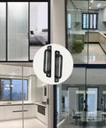 5 Inch Sliding Barn Door Handle Black Aluminium Alloy Gate Pull shown on four different doors and cabinets, set of 2 pieces.