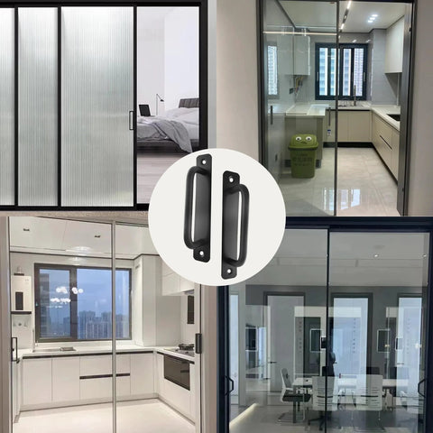 5 Inch Sliding Barn Door Handle Black Aluminium Alloy Gate Pull shown on four different doors and cabinets, set of 2 pieces.