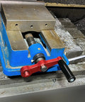 Quick Vise Handle For Three Quarter Inch Hex Vises Two Speed Clamp Aluminum Red Anodized Finish installed on blue vise