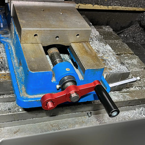 Quick Vise Handle For Three Quarter Inch Hex Vises Two Speed Clamp Aluminum Red Anodized Finish installed on blue vise