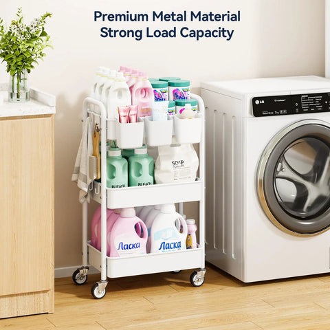 Metal 3 Tier Rolling Cart With Lockable Wheels, Heavy Duty Utility Cart for Garage or Workshop, Hanging Cups and Hooks