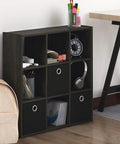Espresso Black 9 Cube Organizer with bins, a slim 7.9 inch depth space saver for holding books, decor, and toys in a modern vibe