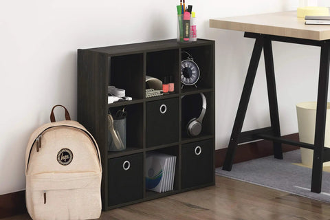 Espresso Black 9 Cube Organizer with bins, a slim 7.9 inch depth space saver for holding books, decor, and toys in a modern vibe