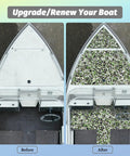 Before and after installation of Self-Adhesive EVA Foam Boat Flooring With Faux Teak Look Non Slip Marine Decking For Kayaks Yachts Pools And RVs Built To Last Heat And UV Resistant 3M Adhesive Backing Cushioned Sea Deck on a boat, showing visual transformation.