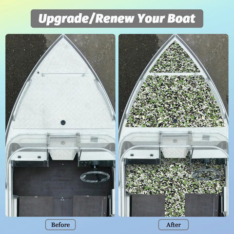 Before and after installation of Self-Adhesive EVA Foam Boat Flooring With Faux Teak Look Non Slip Marine Decking For Kayaks Yachts Pools And RVs Built To Last Heat And UV Resistant 3M Adhesive Backing Cushioned Sea Deck on a boat, showing visual transformation.