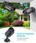 4 In 1 1080P CCTV Bullet Camera For Indoor Outdoor Use With Easy Install Night Vision Weatherproof Metal Housing TVI CVI AHD CVBS Compatible Works With 960H 720P 1080P 5MP 4K Analog DVRs installed on wall and ceiling, showing flexibility.