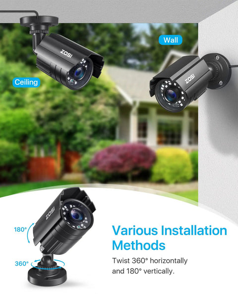 4 In 1 1080P CCTV Bullet Camera For Indoor Outdoor Use With Easy Install Night Vision Weatherproof Metal Housing TVI CVI AHD CVBS Compatible Works With 960H 720P 1080P 5MP 4K Analog DVRs installed on wall and ceiling, showing flexibility.