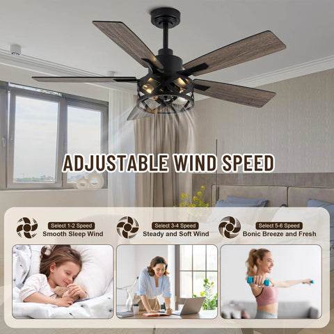 52 Inch Farmhouse Ceiling Fan With Lights And Remote, Caged Rustic Light Fixture, adjustable wind speed feature.