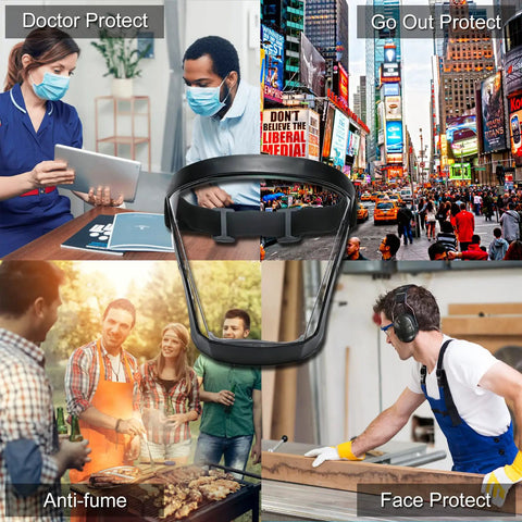 Collage showing uses of Unisex Anti Fog Full Face Shield With Detachable Filter for protection in various environments.