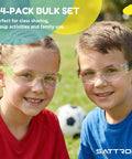 Children wearing Bulk Pack Kid Safe Safety Glasses 24 Pack in outdoor setting, showing ANSI Z87.1 certified clear lenses with frames.