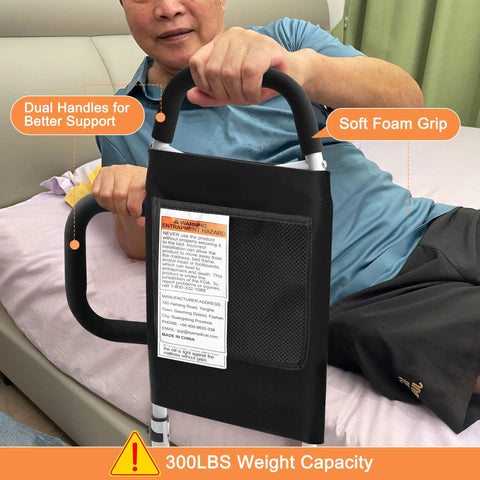 Bed Rails For Seniors With Two Grab Bars And Storage Pocket Safe In Bed Exit, dual handles with foam grip shown