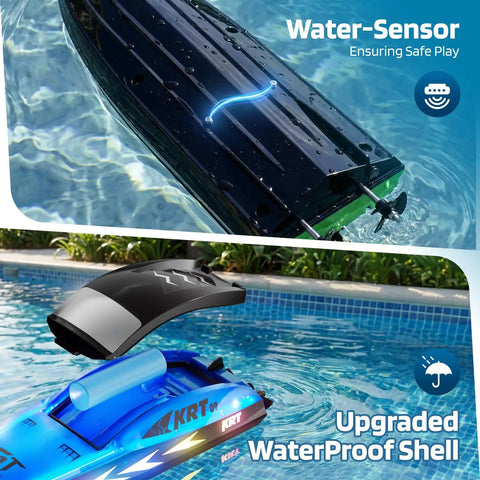 Kids Remote Control Boat Set for Pool and Lake Fun, Waterproof RC Boat With 8 LED Light Modes shown underwater in pool