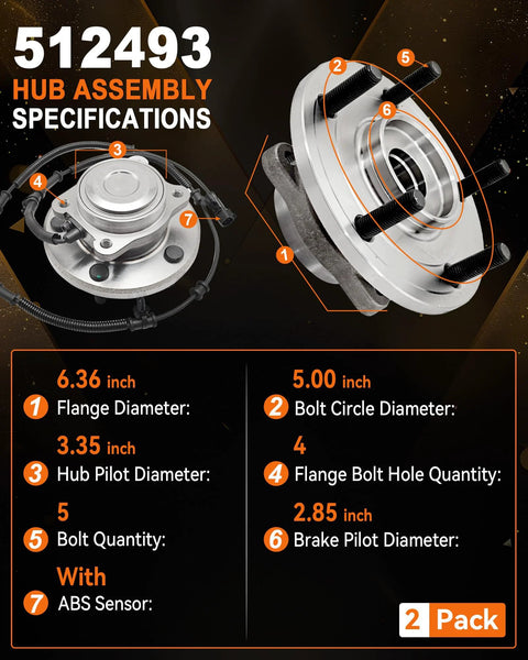 Specifications of 512493 Rear Wheel Bearing Hub Assembly Beefed-Up 512493 Fits Dodge Grand Caravan 2012-2019 And Chrysler Town And Country 2012-2016 And Ram CV 2012-2015 And Volkswagen Routan 2012-2014 5 Lug With ABS on diagram