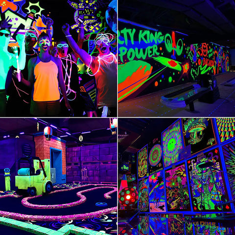 Glow party with Ultra Bright 42W LED Black Light Bar Set creating vibrant body paint and neon art in a game room atmosphere.