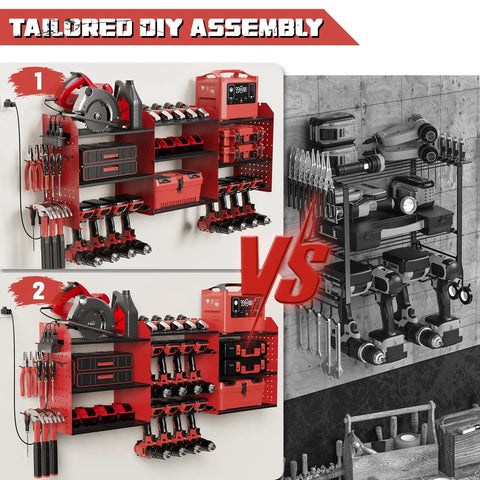 Power Tool Organizer Wall Mount With Charging Station For Your Garage With Customizable 15 Inch Shelves 8 Drill Holders