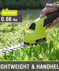 Close-up of 2 In 1 Cordless Hedge Trimmer And Grass Shears For Garden Yard And Lawn Lightweight Handheld Electric Trimmer in use