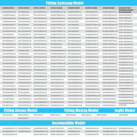 Compatibility chart for Dryer Heating Element Replacement Kit Fits DV45H7000EW A2 DVE50R5400V A3 DVE50R5200W A3 Easy Install