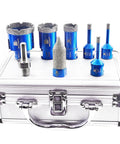 Dope Diamond Core Drill Bit Set For Porcelain Tile Ceramic Marble Granite Drilling With Diamond Drill Bits 6/6/8/25/35/50mm And Diamond Chamfer Finger Bits 0-4/5 Inch 5/8-11 Thread Grit 50/60 Adapter Included displayed on case