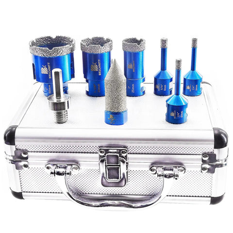 Dope Diamond Core Drill Bit Set For Porcelain Tile Ceramic Marble Granite Drilling With Diamond Drill Bits 6/6/8/25/35/50mm And Diamond Chamfer Finger Bits 0-4/5 Inch 5/8-11 Thread Grit 50/60 Adapter Included displayed on case