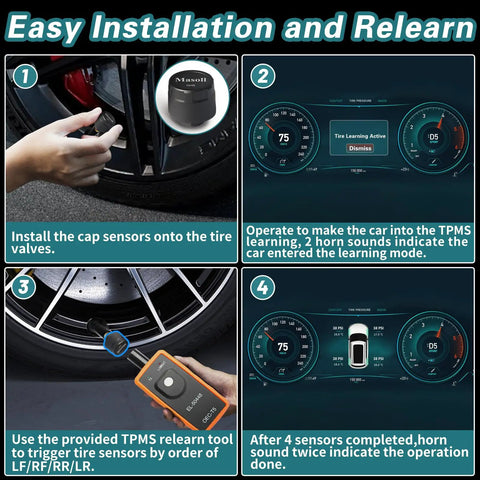 DIY Ready TPMS Sensor Kit For GM Vehicles After 2006 Plug And Play For Chevy Silverado Buick Cadillac GMC Pontiac Four Pack Replacement Universal Fit Easy Install No Relearn Reliable Tire Pressure Monitoring, 4-step install guide