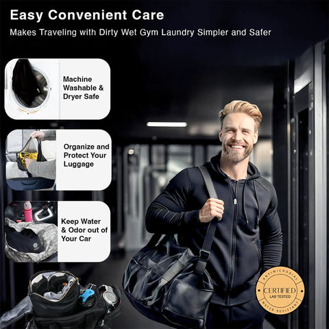 Man holding Antimicrobial Wet Gym Clothes Bag With Silver Ion Odor Control Waterproof And Stain Resistant Duffle