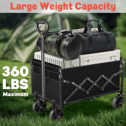 Foldable Wagon Cart With 360 Lb Capacity loaded with camping gear, collapsible on wheels, black, in outdoor setting